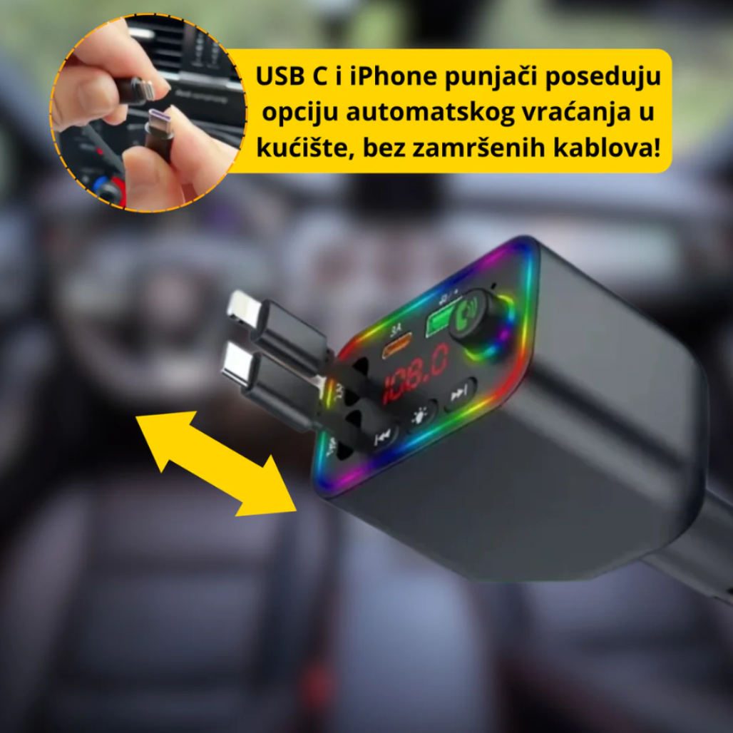 Auto Punjač sa Uvlačenjem Kablova 4 u 1