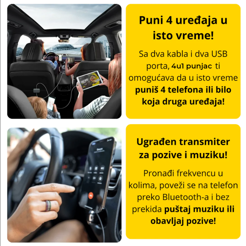 Auto Punjač sa Uvlačenjem Kablova 4 u 1